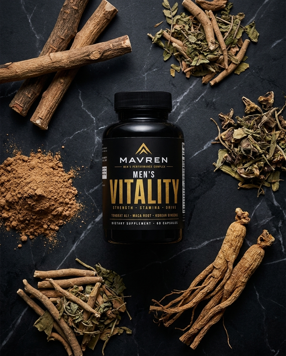 Mavren supplement bottle surrounded by natural herbal ingredients