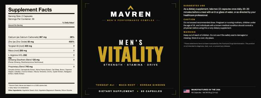 Mavren Men's Vitality full label with Supplement Facts
